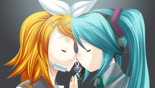eko, hatsune miku, kagamine rin, vocaloid, bad id, bad pixiv id, 2girls, aqua hair, blonde hair, bow, capelet, closed eyes, hair ornament, hairclip, headphones, headset, light smile, long hair, multiple girls, nail polish, necktie, orange nails, treble clef, twintails