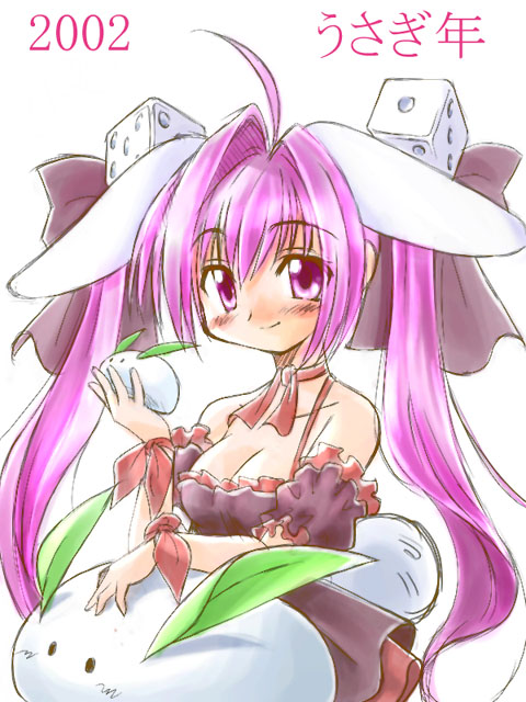 suka, usada hikaru, di gi charat, 1girl, animal ears, breasts, cleavage, female focus, hair ornament, medium breasts, purple hair, rabbit ears, snow rabbit, solo