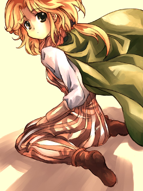 kouno hikaru, porom, final fantasy, final fantasy iv, 1990s (style), 1girl, ankle boots, blonde hair, boots, bracer, brown boots, brown gloves, brown skirt, expressionless, female focus, from behind, full body, gloves, green eyes, long skirt, looking at viewer, looking back, ponytail, retro artstyle, short hair, short ponytail, sitting, skirt, solo, wariza