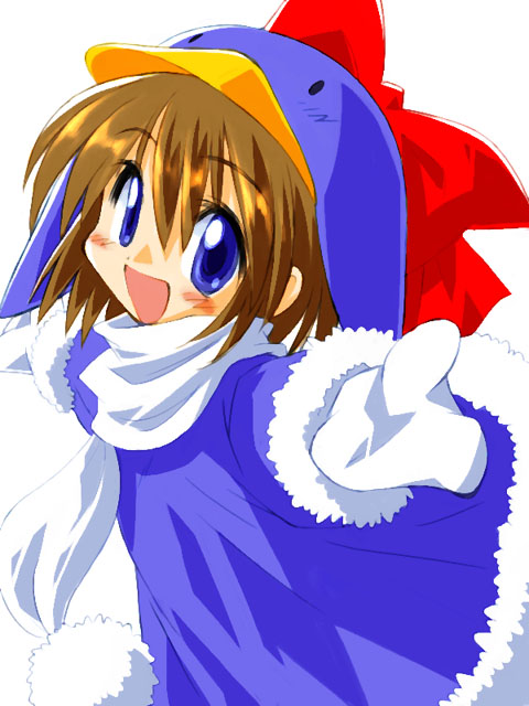 suka, ecoco, ekokuice, eyebrows, 1girl, animal costume, blush, cowboy shot, female focus, fur trim, gloves, looking at viewer, outstretched arms, penguin costume, scarf, simple background, solo, white background, white gloves