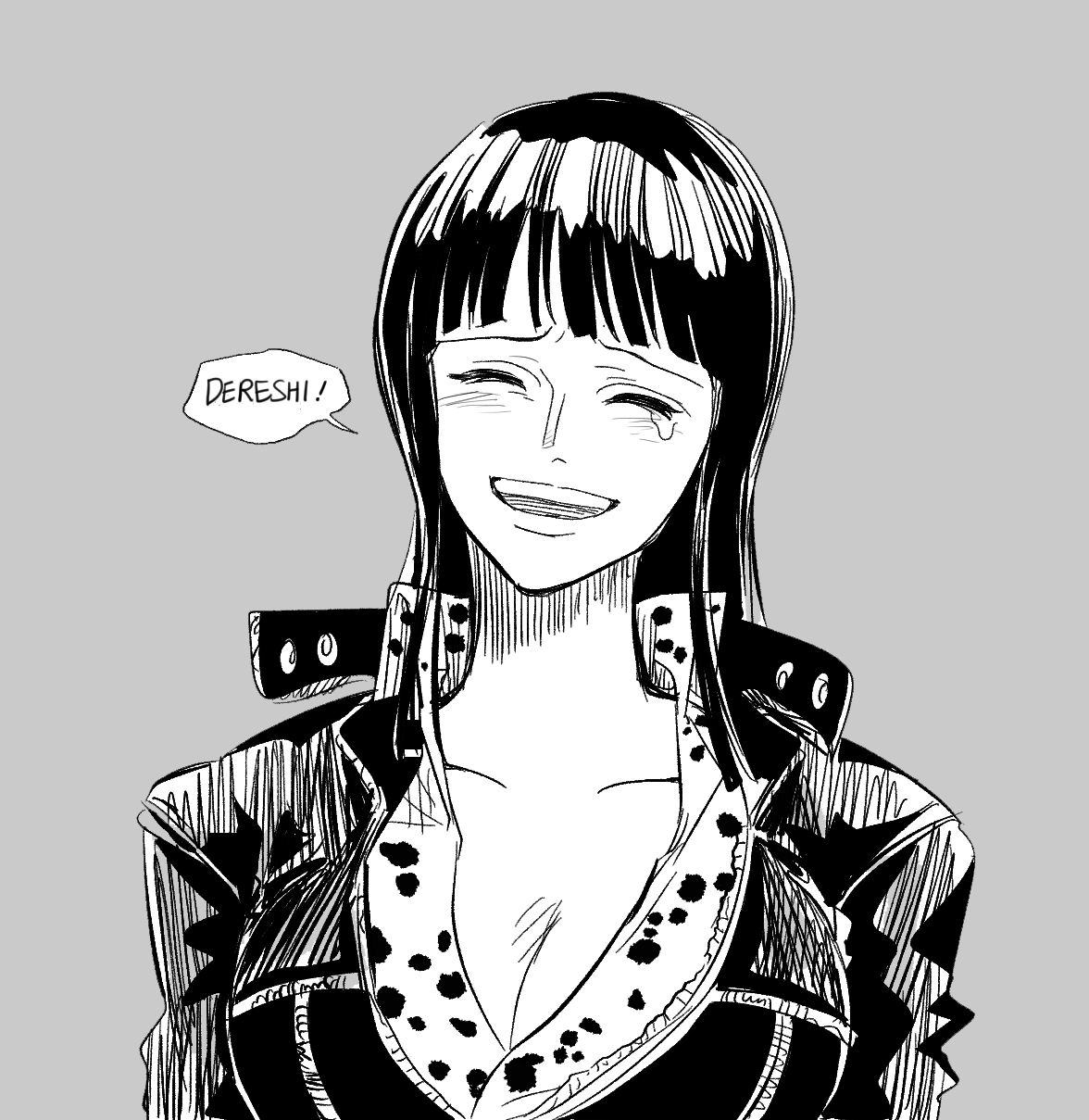 tesstessgreen, nico robin, one piece, commentary, english commentary, highres, 1girl, ^ ^, blunt bangs, closed eyes, dress, greyscale, long hair, monochrome, smile, solo, speech bubble, tears, teeth, upper body, upper teeth only