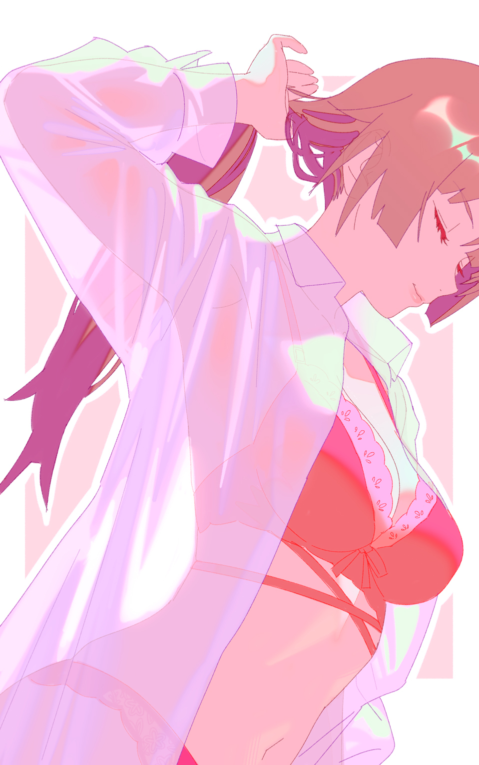 rapa rachi, senjougahara hitagi, monogatari (series), highres, 1girl, adjusting hair, breasts, brown hair, closed eyes, closed mouth, collared shirt, long hair, navel, necktie, nipples, panties, pink background, print necktie, red necktie, see-through clothes, see-through shirt, shirt, smile, solo, star (symbol), star print, two-tone background, underwear, white background