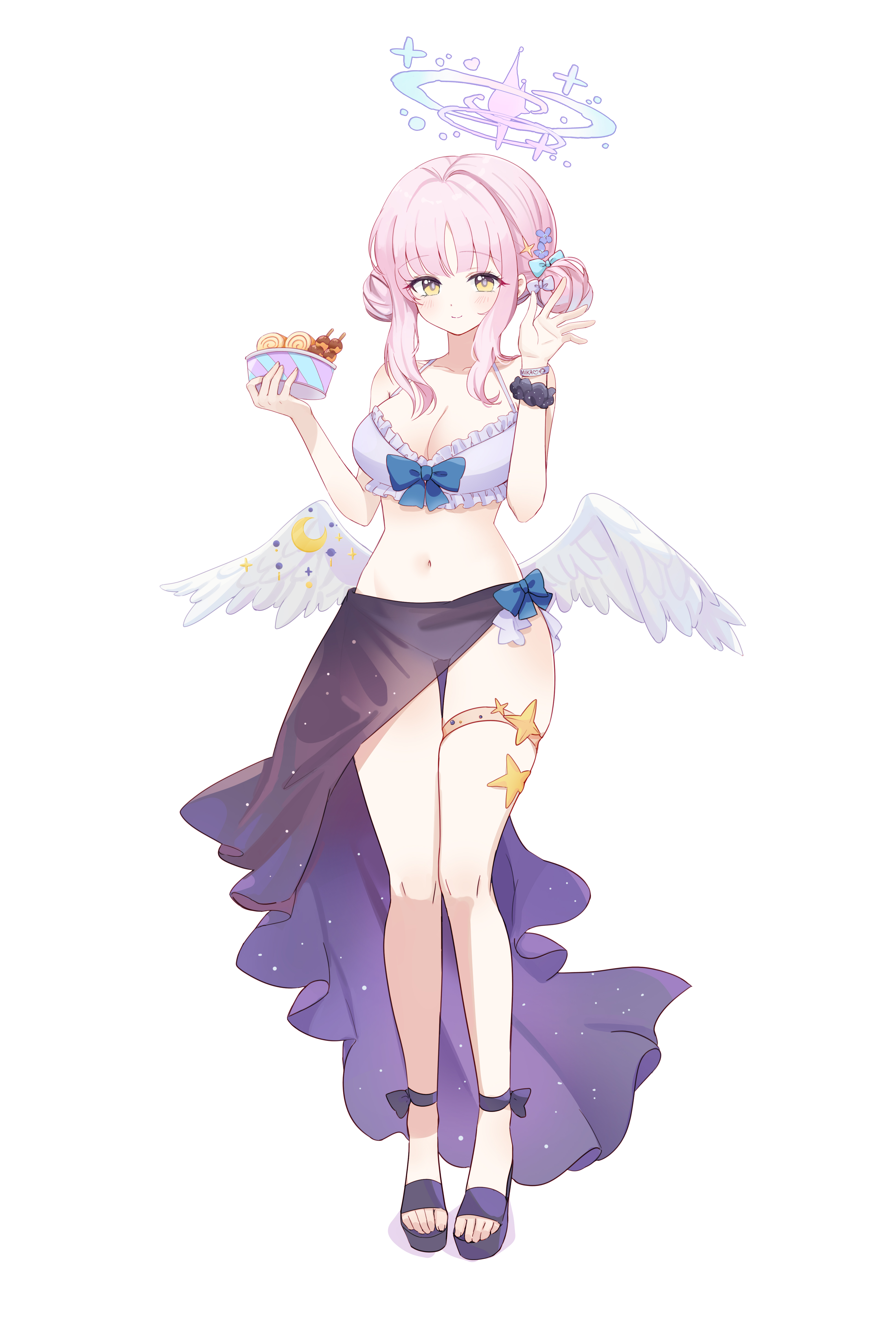 ash (cat7evy), mika (blue archive), blue archive, absurdres, highres, 1girl, alternate costume, alternate hairstyle, angel wings, bikini, blush, breasts, closed mouth, cup, double bun, feathered wings, hair bun, halo, holding, holding cup, looking at viewer, low wings, medium breasts, medium hair, navel, pink hair, pink halo, sandals, sarong, scrunchie, simple background, smile, solo, stomach, swimsuit, thigh strap, toes, white background, white bikini, white wings, wings, wrist scrunchie, yellow eyes