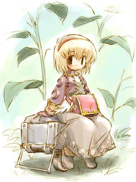 suka, merchant, merchant (ragnarok online), ragnarok online, 1girl, bag, bench, blonde hair, blush, female focus, full body, grey skirt, hairband, handbag, leaf, long skirt, long sleeves, looking at viewer, on lap, short hair, sitting, skirt, solo, sweater