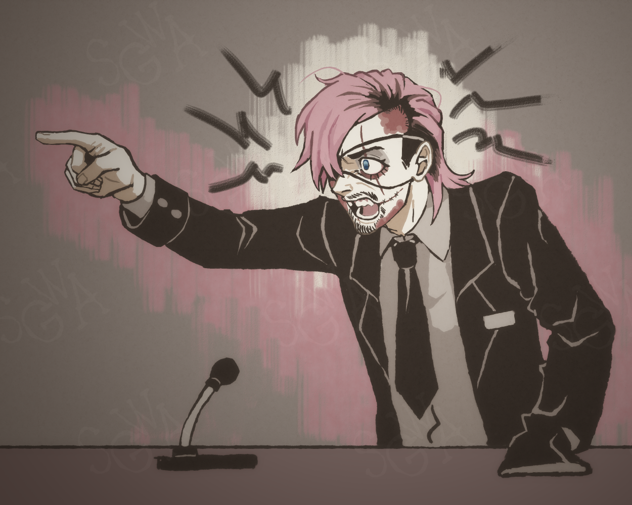 commentary, english commentary, 1boy, amputee, angry, black jacket, black necktie, bloodmoney, blue eyes, burn scar, collared shirt, eyepatch, facial hair, goatee stubble, harvey harman harvington, jacket, male focus, medium hair, missing tooth, mustache stubble, necktie, open mouth, pink hair, pointing, scar, scar on face, shirt, soguwoad, stubble, talking, white shirt