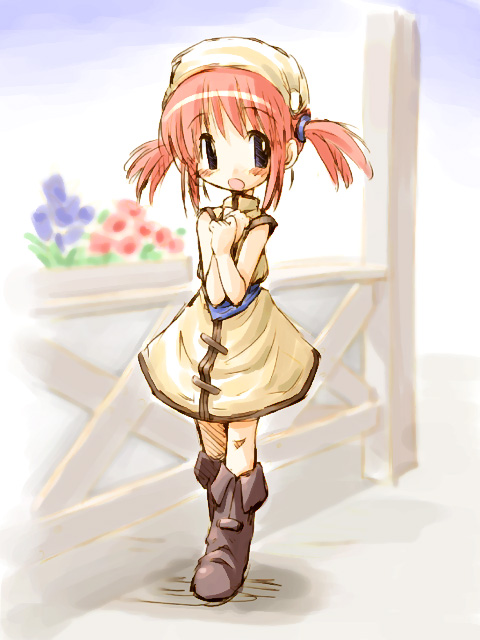 suka, 1girl, beret, blush, boots, brown eyes, buttons, collarbone, dress, female focus, field, flower, full body, garden, grass, hat, long sleeves, looking at viewer, outdoors, pillar, pink hair, plant, solo, standing, tareme, thigh boots, thighhighs, twintails, yellow dress, zettai ryouiki