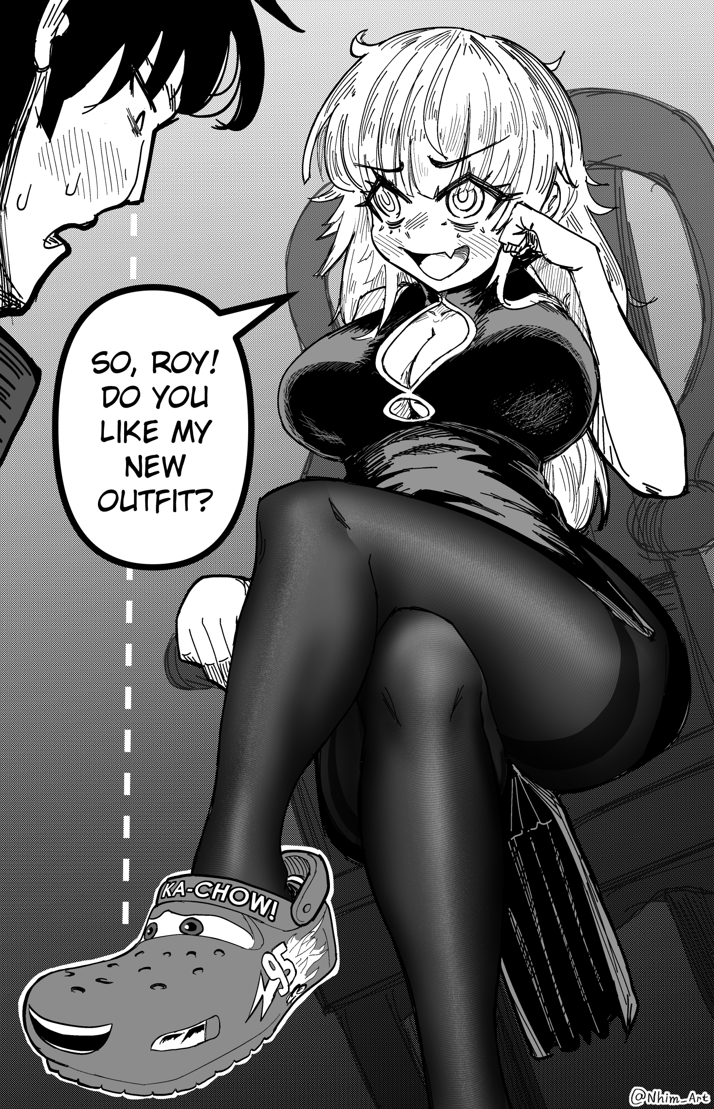 nhim, lightning mcqueen, mimi (nhim), roy (nhim), cars (movie), original, commentary, english commentary, highres, 1boy, 1girl, artist name, black hair, blush, breasts, chair, cleavage cutout, clothing cutout, collarbone, dress, english text, fang, greyscale, head rest, hetero, large breasts, long hair, monochrome, on chair, open mouth, ringed eyes, short hair, sitting, skin fang, speech bubble, sweat, twitter username