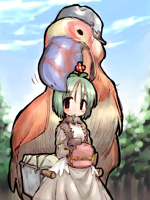 suka, merchant, merchant (ragnarok online), peco peco, ragnarok online, pot, biting, dress, flower, grand peco peco, green hair, hair ornament, head biting, short hair, solo