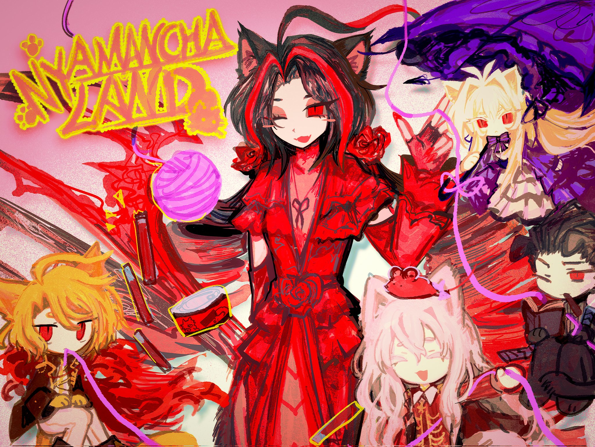 curiambro (project moon), don quixote (project moon), dulcinea (project moon), nicolina (project moon), sancho (project moon), limbus company, project moon, highres, 2boys, 3girls, ahoge, animal ears, black coat, black hair, black pants, blonde hair, cat boy, cat ears, cat girl, cat tail, chibi, coat, dress, drill hair, feather boa, flower, holding, holding umbrella, la manchaland's don quixote (project moon), long hair, long sleeves, looking at viewer, multicolored hair, multiple boys, multiple girls, one eye closed, pants, parted bangs, pink background, purple dress, red dress, red eyes, red flower, red hair, red rose, rose, seasluggll, shirt, short hair, simple background, standing, streaked hair, tail, twin drills, twintails, umbrella, upper body, white hair, white pants, white shirt, yarn, yarn ball