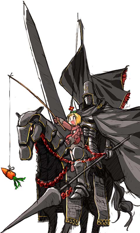 suka, abysmal knight, merchant, merchant (ragnarok online), ragnarok online, barding, carrot, flower, flower on head, holding, holding polearm, holding weapon, polearm, simple background, spear, sword, weapon, white background