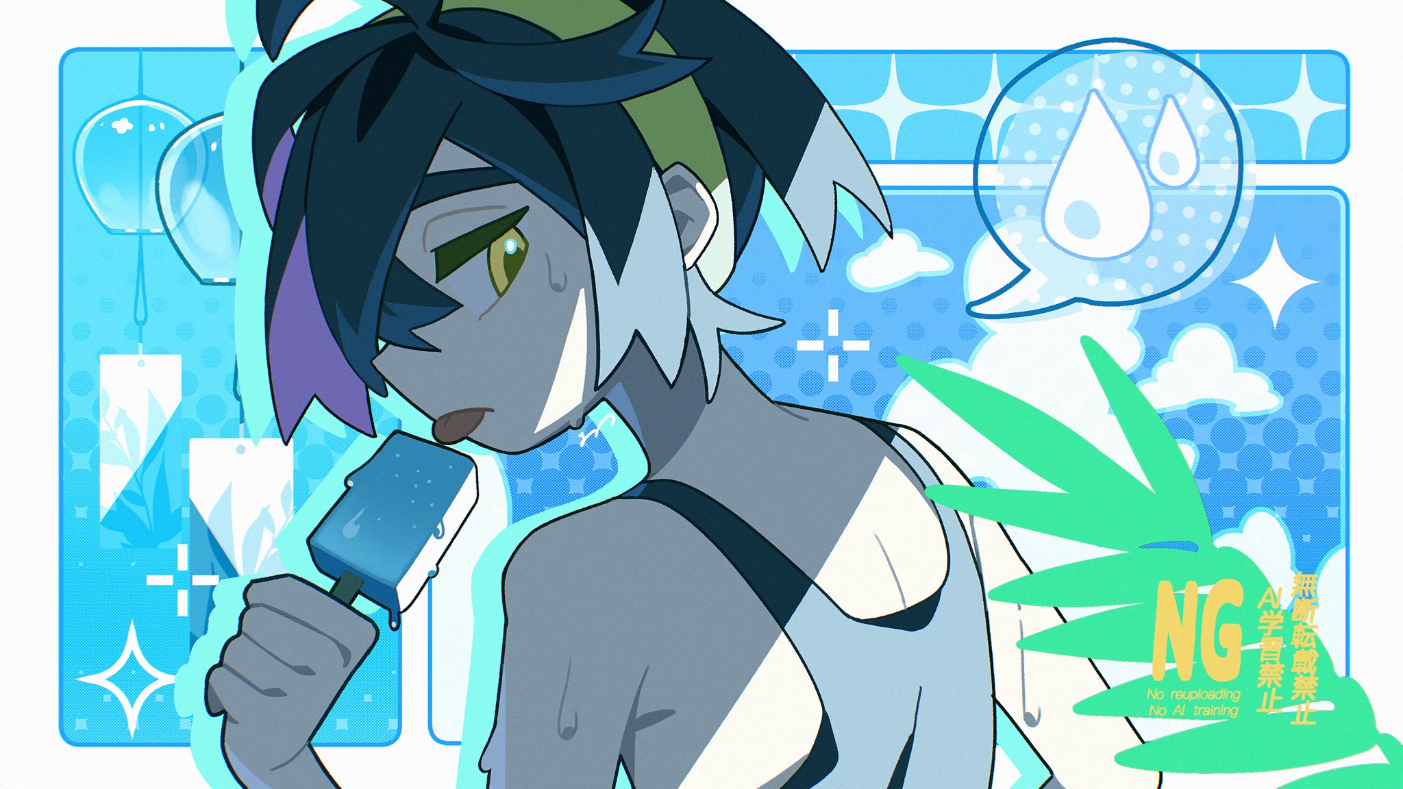ame akira, kieran (pokemon), nintendo, pokemon, pokemon sv, highres, 1boy, bare shoulders, black hair, black tank top, crossed bangs, food, hair between eyes, hairband, holding, holding food, holding popsicle, jacket, male focus, multicolored hair, popsicle, purple hair, solo, sweat, tank top, tongue, tongue out, upper body, white jacket, yellow eyes, yellow hairband