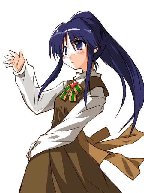 suka, 1girl, blue eyes, blue hair, bow, bowtie, brooch, brown dress, cowboy shot, dress, expressionless, female focus, gem, green bow, green bowtie, jewelry, long hair, long sleeves, looking afar, matching hair/eyes, ponytail, simple background, solo, very long hair, white background