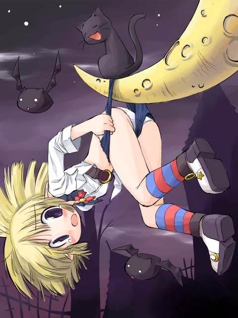 suka, loli ruri, ragnarok online, striped, bat (animal), blonde hair, blush, cat, moon, night, panties, pantyshot, solo, underwear