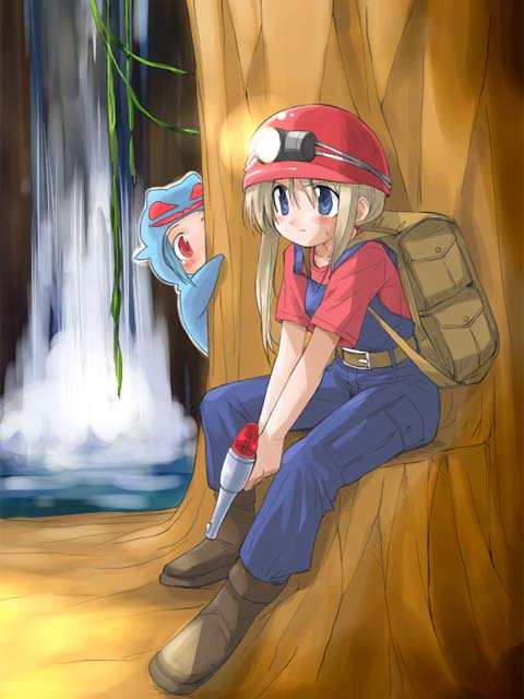 suka, spelunker, 2girls, backpack, bag, cave, eavesdropping, gun, hard hat, helmet, hiding, multiple girls, outdoors, randoseru, tree, water, waterfall, weapon