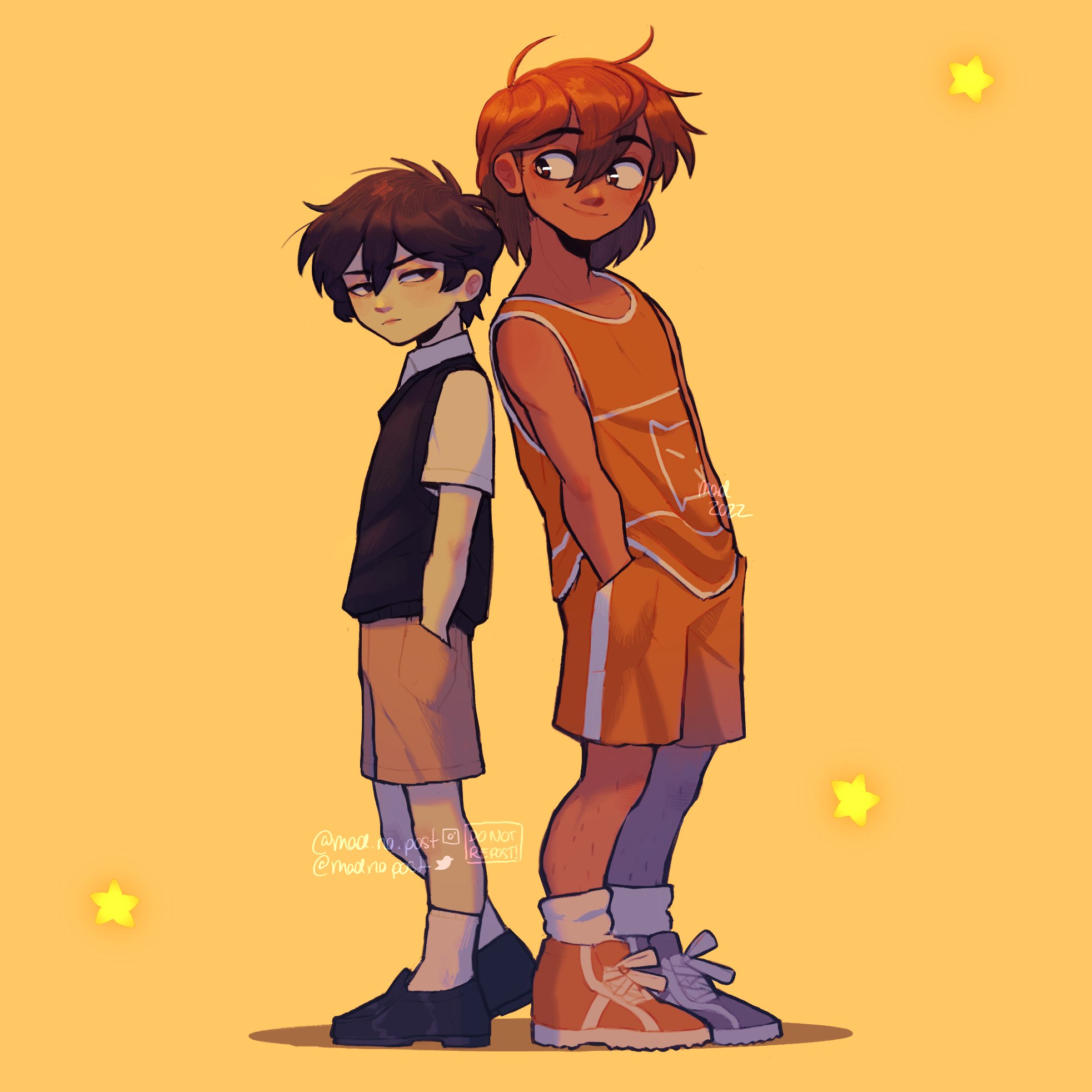 madnopost, kel (faraway) (omori), kel (omori), sunny (omori), omori, highres, 2boys, alternate eye color, black eyes, black hair, black shoes, black sweater vest, brown hair, brown shorts, closed mouth, collared shirt, dark-skinned male, dark skin, double-parted bangs, hair between eyes, hand in pocket, hands in pockets, height difference, looking at viewer, male focus, multiple boys, orange shoes, orange shorts, shirt, shoes, short hair, short sleeves, shorts, simple background, smile, sneakers, socks, sweater vest, white shirt, white socks, yellow background
