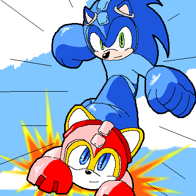 mega man (character), rush (mega man), sonic the hedgehog, tails (sonic), capcom, mega man (classic), mega man (series), sonic (series), lowres, cosplay, costume, furry, mega man (character) (cosplay), oekaki, parody, trait connection