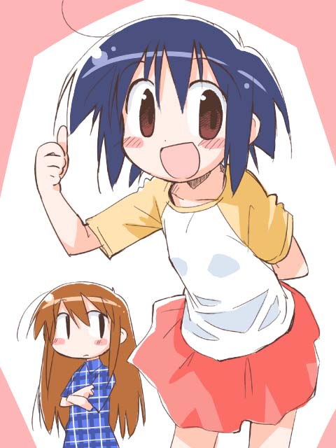 suka, hikawa mio, nakamura hirona, hirona ex, 2girls, blush stickers, multiple girls, raglan sleeves, thumbs up
