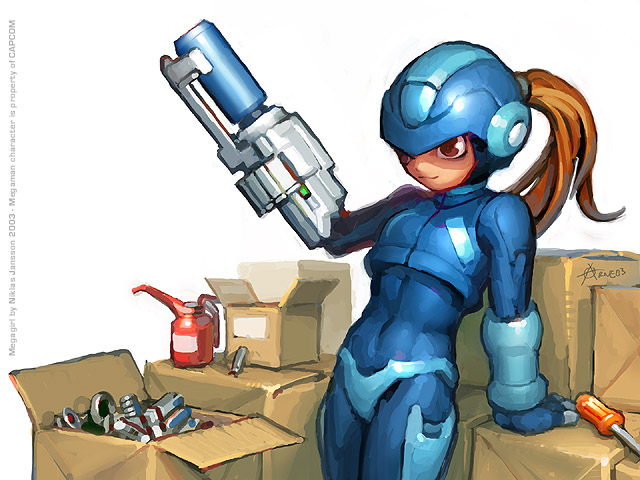 niklas jansson, mega man (series), mega man zero (series), box, cardboard box, genderswap, ponytail, x (symbol)