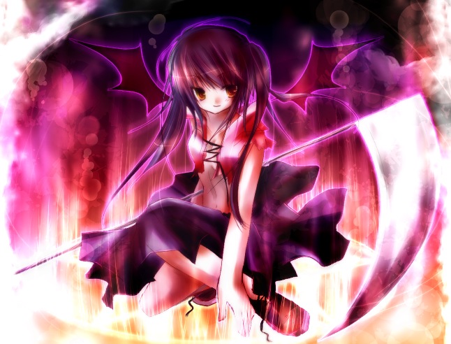 ichiyou moka, demon, demon girl, dress, purple hair, purple theme, red eyes, scythe, skirt, solo, twintails, wings