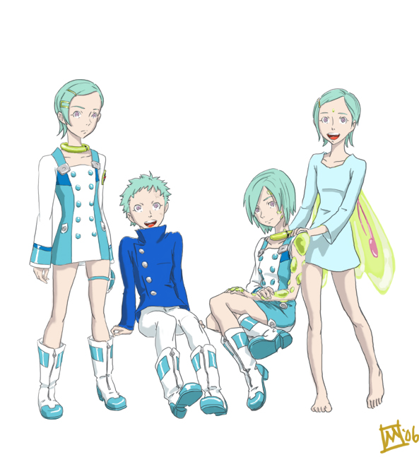 eureka (eureka seven), eureka seven, eureka seven (series), white footwear, 00s, 4girls, barefoot, boots, dual persona, full body, green hair, hair ornament, hairclip, multiple girls, purple eyes, short hair, simple background, thigh strap, wings