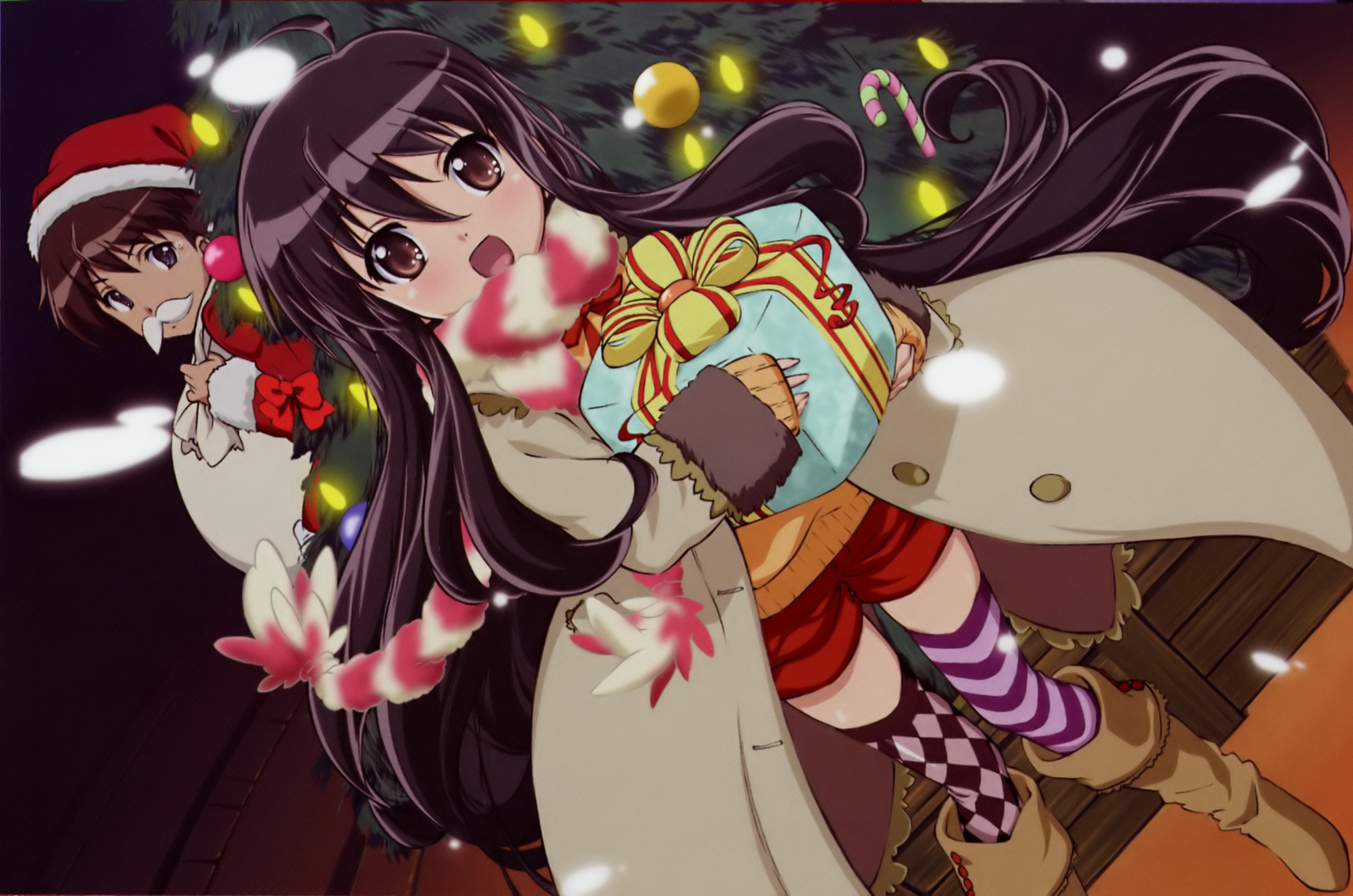aizawa sumie, sakai yuuji, shana, shakugan no shana, highres, 00s, 1boy, 1girl, black hair, blush, christmas, gift, holding, holding gift, ribbon, santa costume, smile, thighhighs