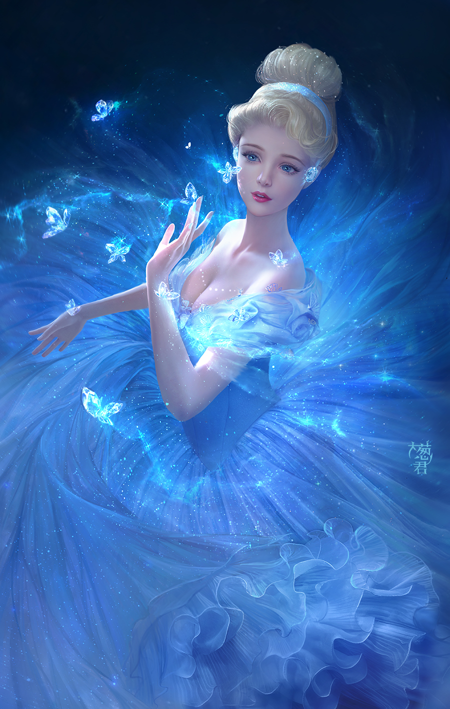dainegikun, cinderella (disney character), cinderella (2015), cinderella (disney movie), commentary request, highres, photoshop (medium), 1girl, bare shoulders, blonde hair, blue butterfly, blue dress, blue eyes, blue theme, breasts, bug, butterfly, cleavage, crystal, dress, eyelashes, frills, gem, glitter, glowing, gown, hair up, hairband, insect, large breasts, lipstick, makeup, parted lips, realistic, red lips, solo, strapless, strapless dress
