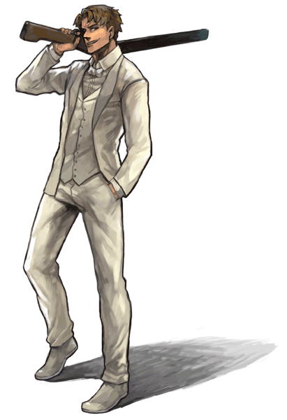 ritti, ladd russo, baccano!, white neckwear, 00s, 1boy, bow, bowtie, formal clothes, full body, gun, hand in pocket, male focus, necktie, shirt, shoes, shotgun, solo, standing, suit, vest, waistcoat, weapon, white shirt, white shoes, white suit