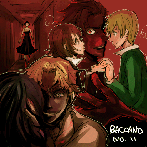 chane laforet, claire stanfield, ennis, firo prochainezo, ladd russo, baccano!, lowres, 00s, 3boys, 3girls, blue eyes, crazy eyes, dark, eye contact, glowing, glowing eyes, hand in own hair, looking at another, multiple boys, multiple girls, smile