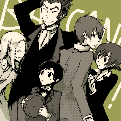 czeslaw meyer, ennis, firo prochainezo, isaac dian, miria harvent, baccano!, lowres, 00s, 2girls, 3boys, :o, ^ ^, age difference, closed eyes, formal clothes, green background, green theme, height difference, long sleeves, monochrome, multiple boys, multiple girls, oekaki, parted lips, short hair, sidelocks, simple background, suit, surprised, upper body, wide-eyed
