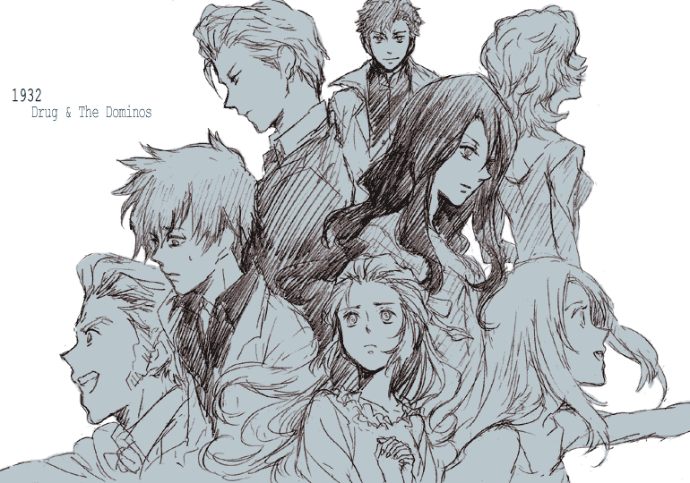claire stanfield, edith, edith (baccano!), eve genoard, isaac dian, kate gandor, luck gandor, miria harvent, roy maddock, baccano!, artist request, 00s, 4boys, 4girls, blue theme, greyscale, monochrome, multiple boys, multiple girls, simple background, sketch, white background