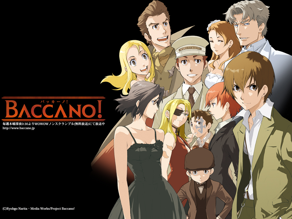 enami katsumi, chane laforet, claire stanfield, czeslaw meyer, ennis, firo prochainezo, isaac dian, jacuzzi splot, ladd russo, lua klein, miria harvent, nice holystone, baccano!, silver hair, 00s, 5girls, 6+boys, bare shoulders, black dress, black hair, blonde hair, breasts, brown hair, cleavage, collarbone, collared shirt, dress, dress shirt, formal clothes, looking at viewer, multiple boys, multiple girls, red hair, shirt, short hair, sleeveless, sleeveless dress, smirk, suit, upper body, white shirt, yellow eyes