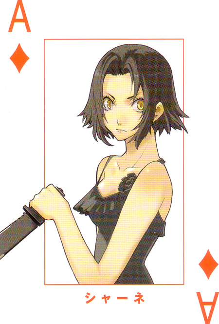 enami katsumi, narita ryohgo (mangaka), chane laforet, baccano!, official art, 00s, 1girl, ace (playing card), ace of diamonds, card, card (medium), diamond (shape), dress flower, female focus, flower, playing card, solo