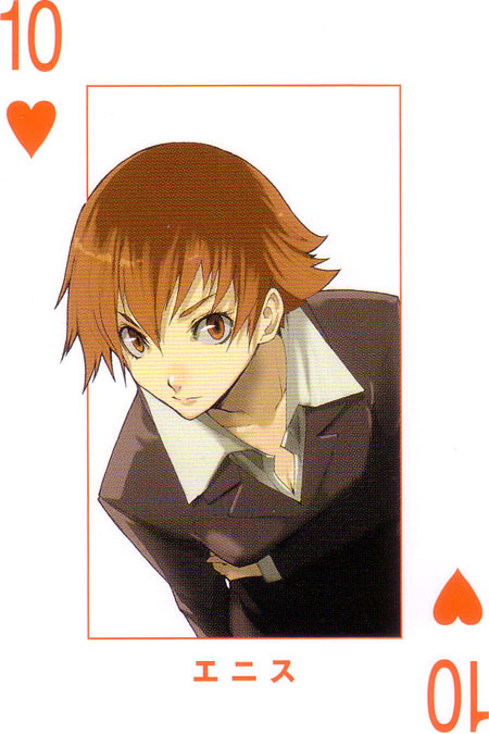 enami katsumi, narita ryohgo (mangaka), ennis, baccano!, official art, 00s, 1girl, card, card (medium), female focus, formal clothes, heart, playing card, short hair, solo, suit