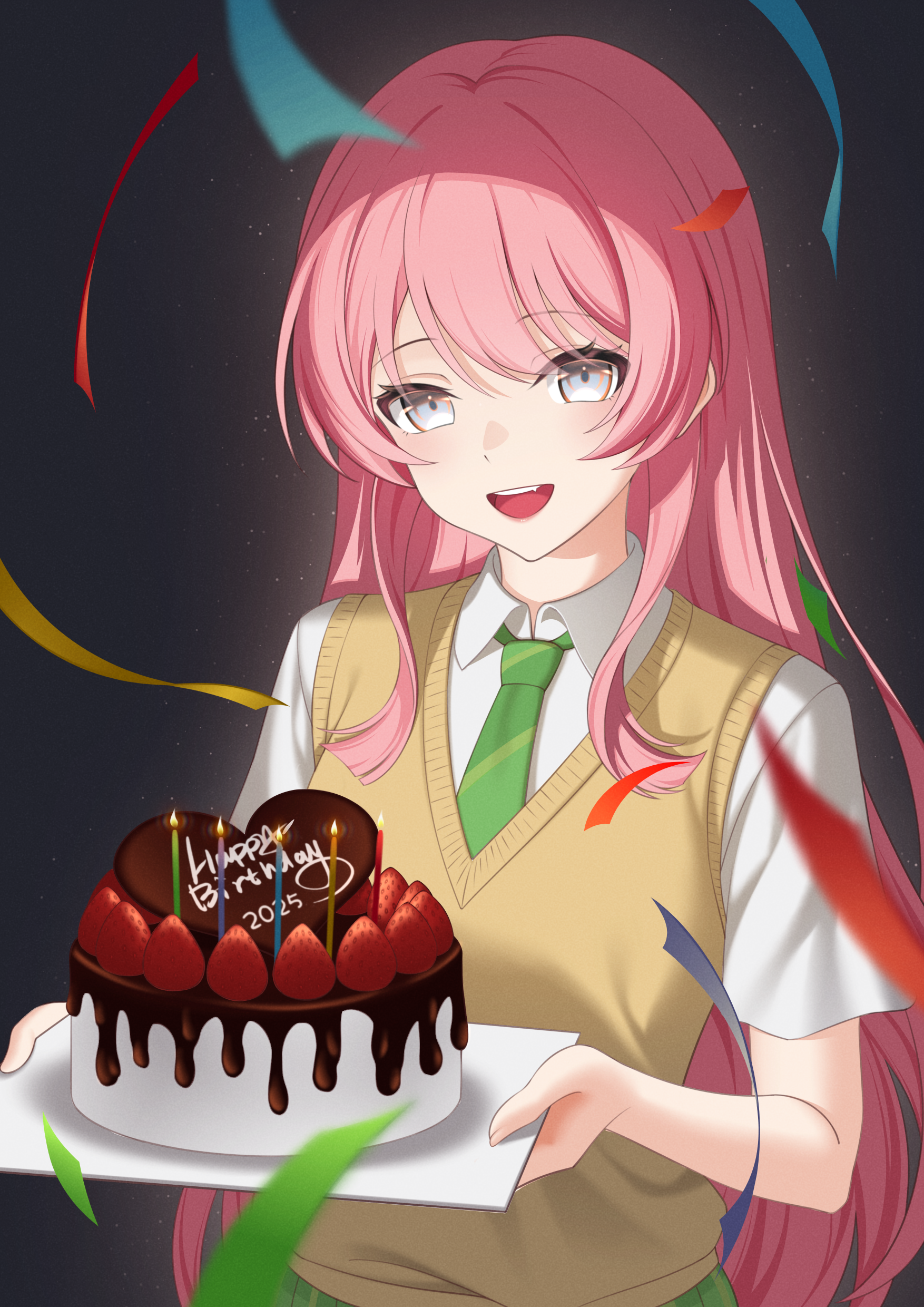 sasaki3rd, chihaya anon, bang dream!, absurdres, commentary, highres, symbol-only commentary, 1girl, 2025, :d, black background, cake, candle, confetti, food, fruit, green necktie, grey eyes, happy birthday, holding, long hair, looking at viewer, necktie, open mouth, pink hair, shirt, smile, solo, strawberry, sweater vest, upper body, very long hair, vest, white shirt, yellow vest