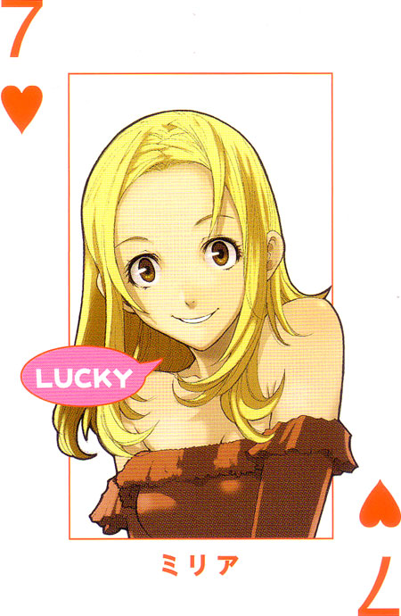 enami katsumi, narita ryohgo (mangaka), miria harvent, baccano!, official art, 00s, 1girl, card, card (medium), english text, female focus, playing card, solo, speech bubble