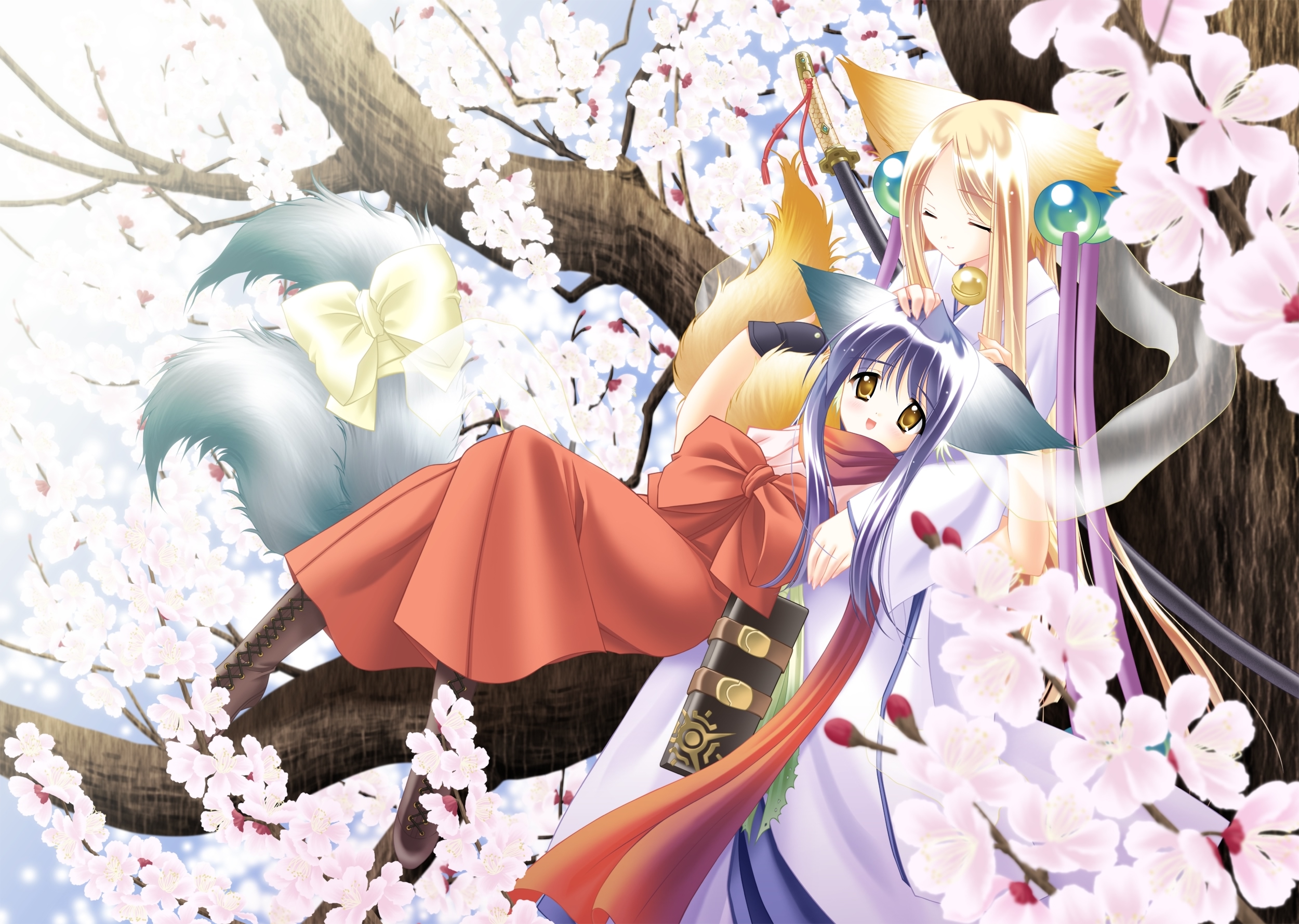 louis&visee, koma (tail tale), soro (tail tale), tail tale, brown footwear, cross-laced footwear, highres, 2girls, animal ears, blonde hair, blue hair, boots, bow, brown eyes, cherry blossoms, closed eyes, flower, hakama, hakama skirt, hand on another's head, happy, in tree, japanese clothes, kimono, multiple girls, multiple tails, red hakama, red scarf, ribbon, scarf, see-through clothes, sitting, sitting in tree, skirt, sword, tail, tail bow, tail ornament, tree, veil, weapon