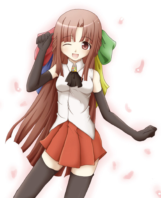 95-tan, os-tan, blush, brown eyes, brown hair, dress, elbow gloves, gloves, long hair, one eye closed, ribbon, smile, solo, thighhighs, wink