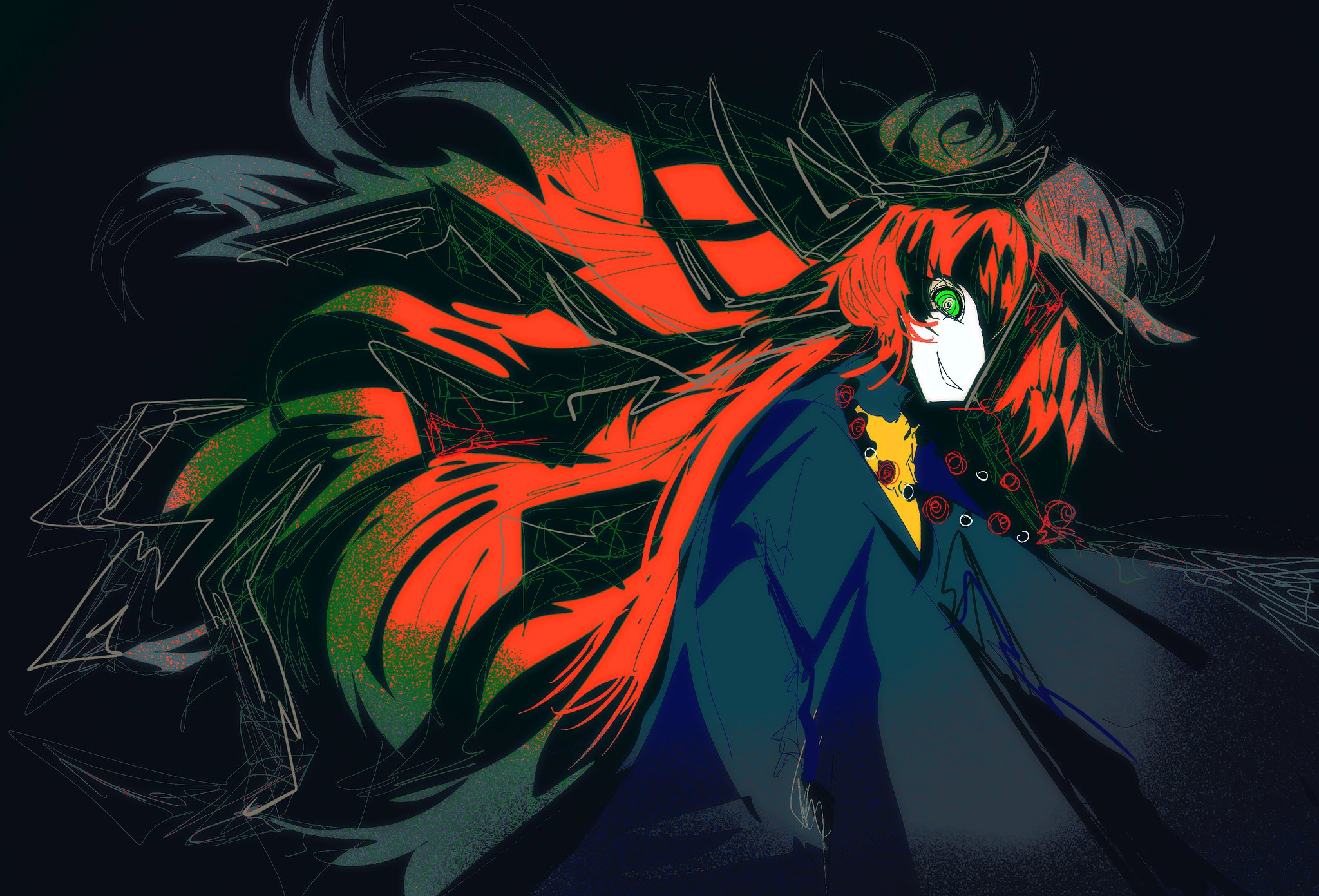 ishmael (project moon), limbus company, project moon, highres, 1girl, beads, black background, blue robe, double bun, green eyes, hair bun, hundred-footed death maggot (e.g.o), long hair, long sleeves, looking at viewer, one eye covered, orange hair, prayer beads, robe, seasluggll, simple background, smile, solo, talisman, upper body
