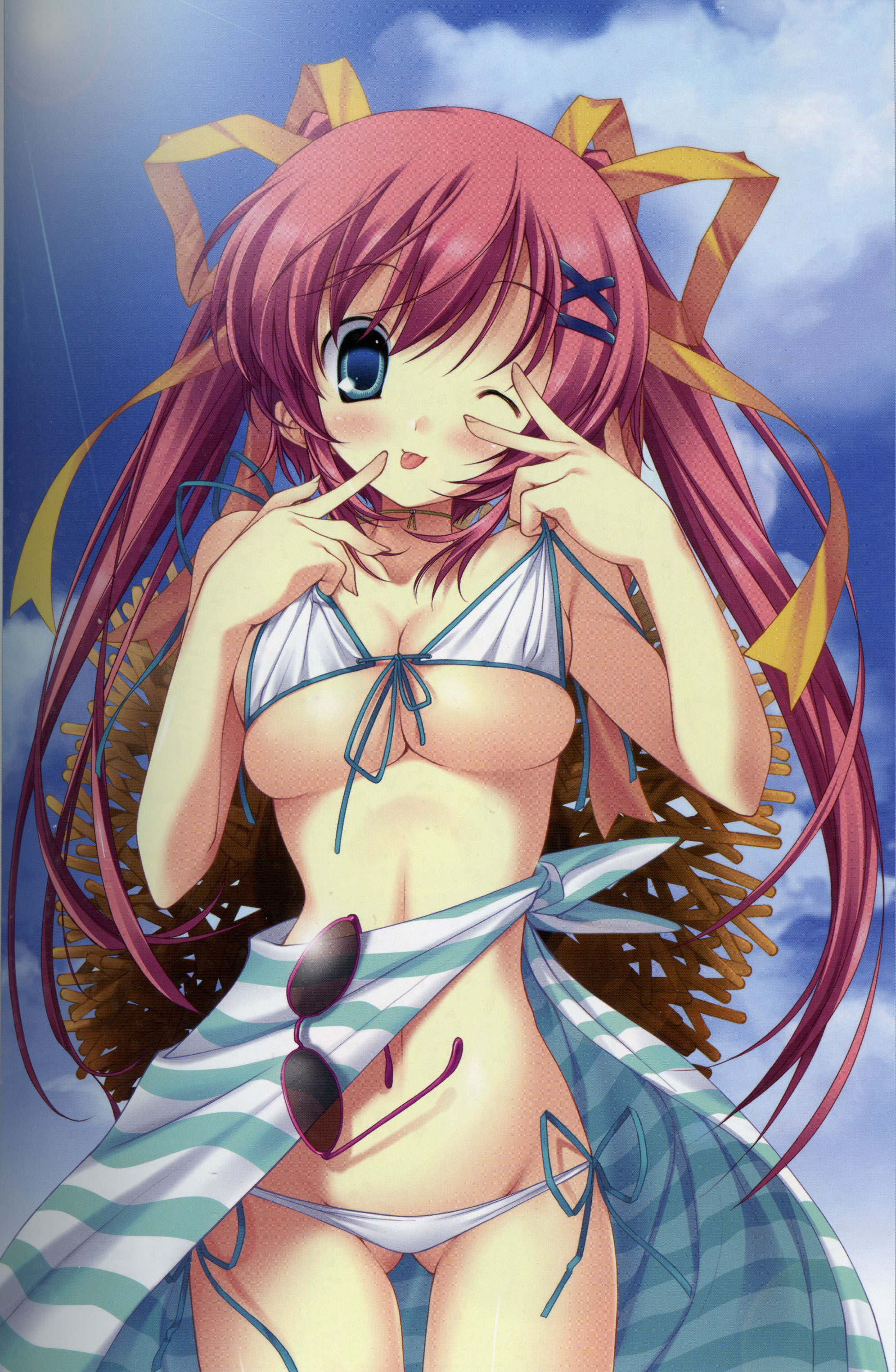 yaegashi nan, shirakawa nanaka, da capo, da capo ii, absurdres, highres, official art, scan, scan artifacts, 00s, 1girl, :p, bikini, bikini top lift, blue eyes, blush, breasts, clothes lift, cloud, day, eyewear hang, female focus, front-tie top, groin, hair ornament, hair ribbon, hairclip, hat, large breasts, lifting own clothes, long hair, lowleg, lowleg bikini, one eye closed, pink hair, ribbon, sarong, side-tie bikini bottom, skindentation, sky, solo, straw hat, string bikini, striped clothes, striped sarong, sun, sunglasses, sunglasses removed, swimsuit, tongue, tongue out, twintails, underboob, unworn eyewear, v, v over eye, white bikini, wink