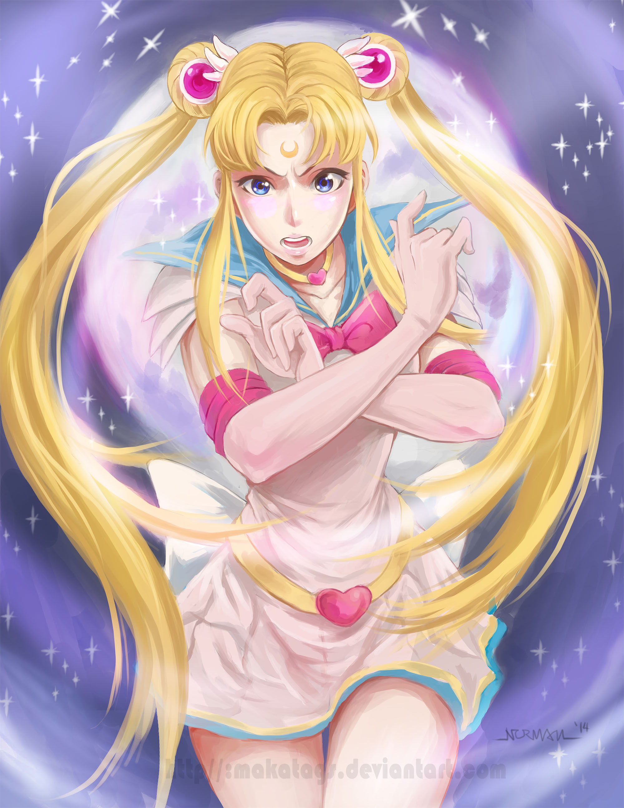 nopeys, sailor moon, super sailor moon, tsukino usagi, bishoujo senshi sailor moon, absurdres, highres, 1girl, blonde hair, blue eyes, blue sailor collar, bow, choker, elbow gloves, gloves, hair bun, hair ornament, lips, long hair, multicolored skirt, red bow, sailor collar, sailor senshi uniform, skirt, solo, twintails, v-shaped eyebrows, white gloves, yellow choker