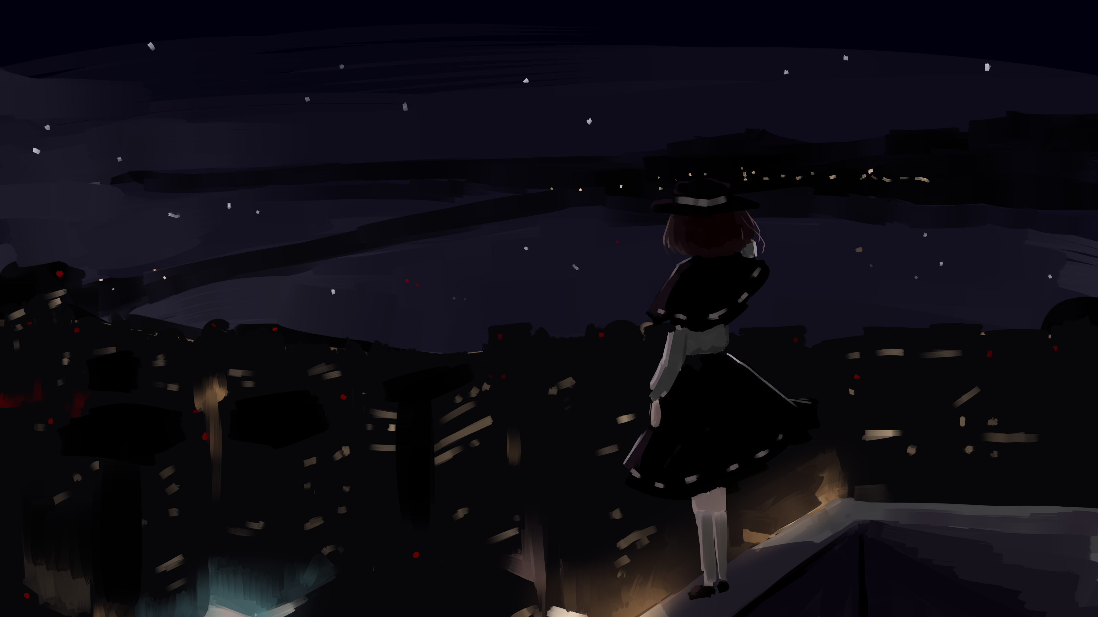 t-hou, usami renko, touhou, absurdres, highres, 1girl, back, black hat, black skirt, brown hair, capelet, city, city lights, fedora, hand on own hat, hat, night, night sky, ribbon-trimmed capelet, ribbon-trimmed skirt, ribbon trim, shirt, shoes, short hair, skirt, sky, socks, solo, standing, standing on roof, water, white shirt