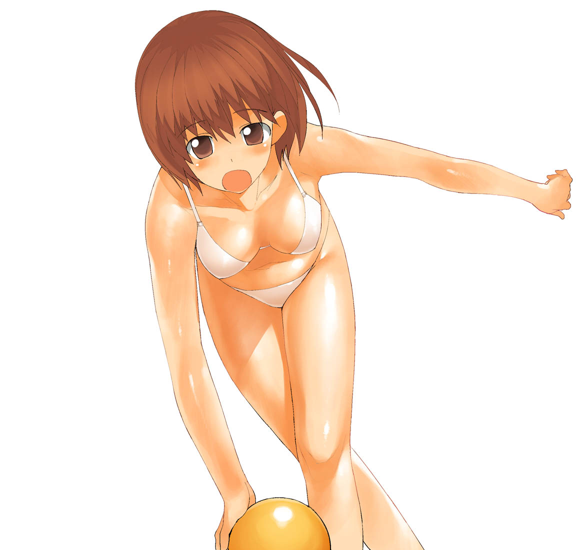 a1 (initial-g), hagiwara yukiho, idolmaster, idolmaster (classic), idolmaster 1, 00s, 1girl, :o, ball, bent over, bikini, blush, bowling, bra, breasts, breasts apart, brown eyes, brown hair, crossed legs, downblouse, female focus, holding, lingerie, looking at viewer, navel, open mouth, outstretched arm, panties, playing, shiny skin, short hair, simple background, solo, swimsuit, throwing, underwear, white background, white bikini