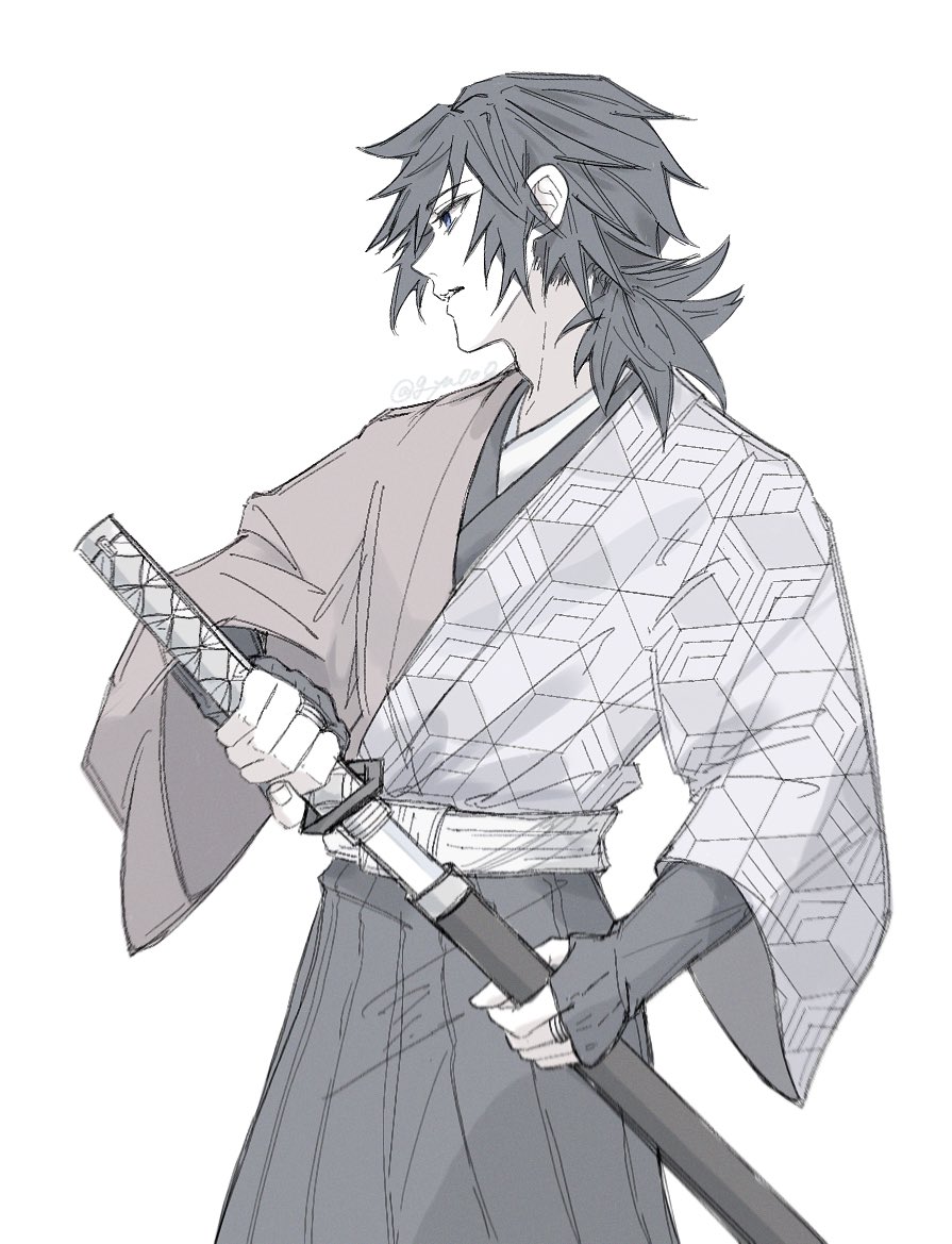 tomioka giyuu, kimetsu no yaiba, 1boy, alternate costume, black hakama, blue eyes, g yu0o0, hair between eyes, hakama, holding, holding sword, holding weapon, japanese clothes, katana, kikkoumon, kimono, long hair, low ponytail, male focus, parted lips, ponytail, print kimono, profile, red kimono, sheath, simple background, solo, spiked hair, sword, teeth, unsheathing, weapon, white background