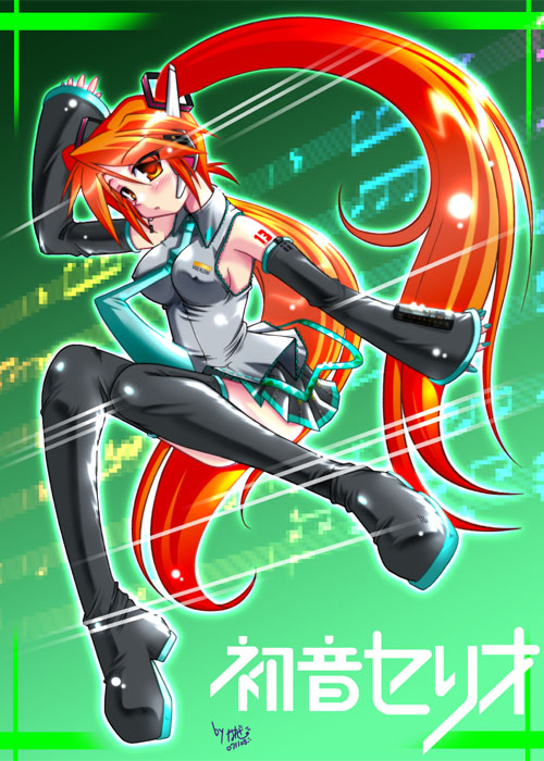nagase takeshi, hatsune miku, serio (to heart), to heart, to heart (series), vocaloid, translated, 1girl, cosplay, female focus, hatsune miku (cosplay), long hair, red hair, solo, thighhighs, twintails, very long hair