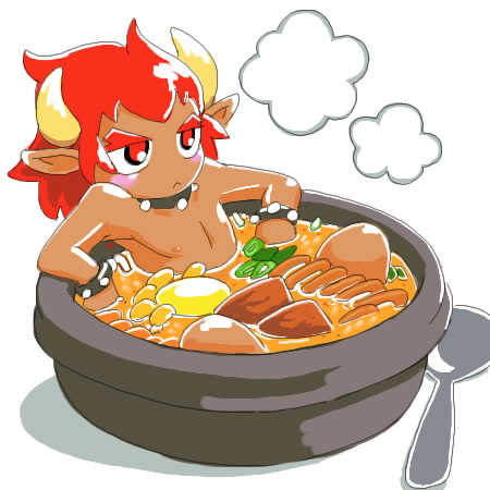 minuspal, bowser, koopa, mario (series), nintendo, lowres, 1boy, chibi, dark-skinned male, dark skin, food, horns, male focus, oekaki, pointy ears, pout, red eyes, red hair, solo, soup, spoon