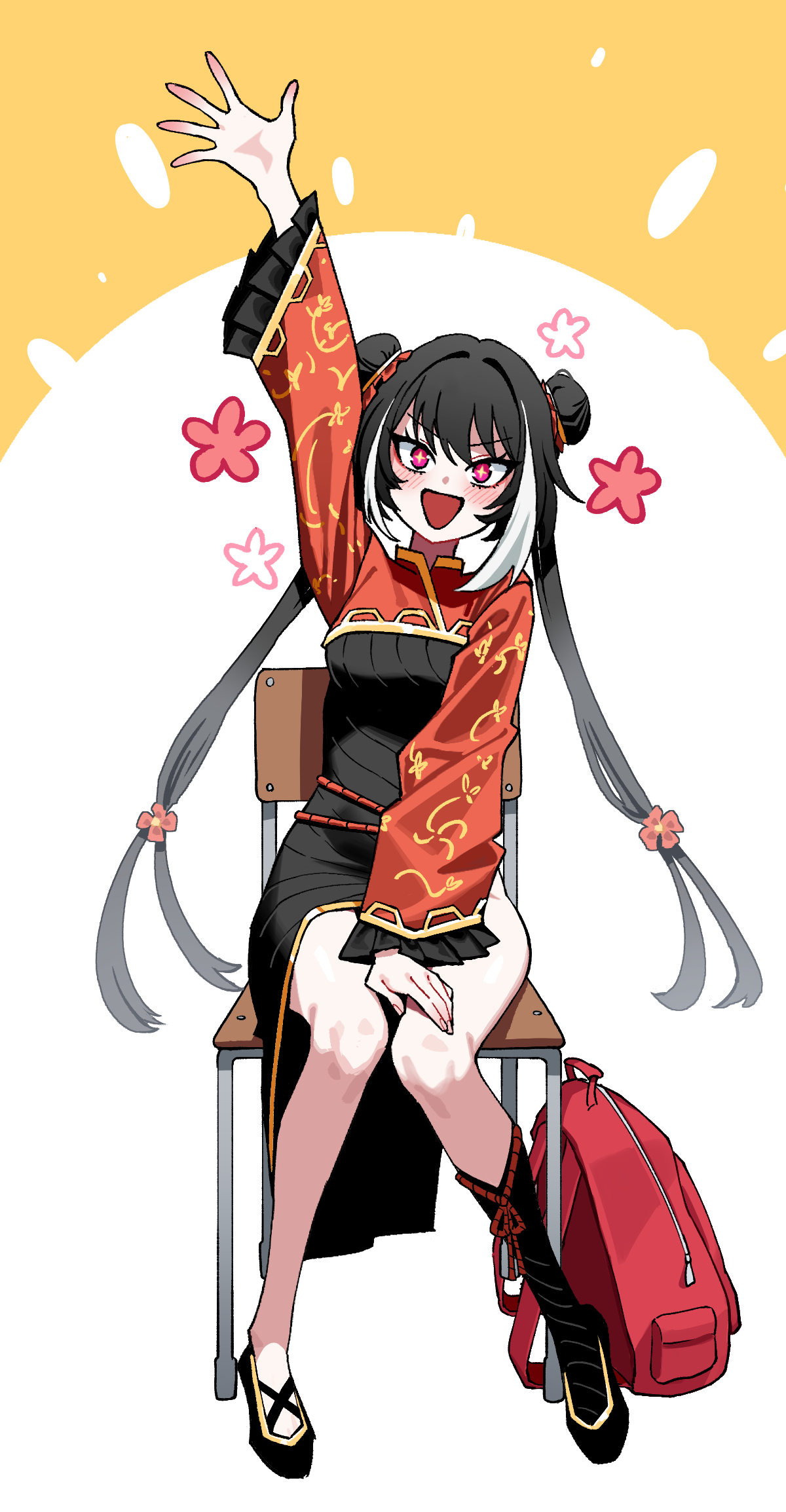 yaritoo, jia xichun (project moon), limbus company, project moon, highres, + +, 1girl, :d, arm up, backpack, bag, black dress, black hair, black shoes, chinese clothes, double bun, dress, full body, gold trim, hair bun, long hair, long sleeves, looking at viewer, multicolored hair, open mouth, pink bag, pink eyes, red shrug, rope belt, shoes, simple background, sitting, smile, solo, streaked hair, thighs, twintails, white background, white streaks