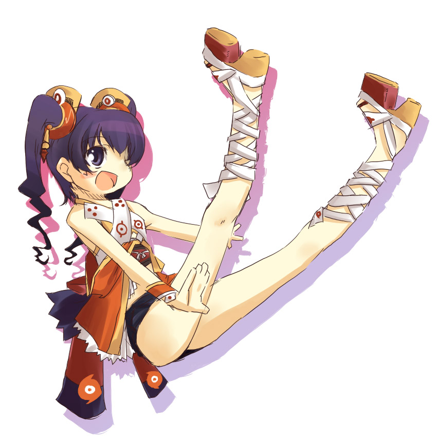 cocona, takamura kazuha, cocona vatel, ar tonelico, ar tonelico ii, gust, platform footwear, 00s, 1girl, blush, female focus, flat chest, full body, hair ornament, legs up, long hair, open mouth, purple eyes, purple hair, shadow, shorts, solo, twintails