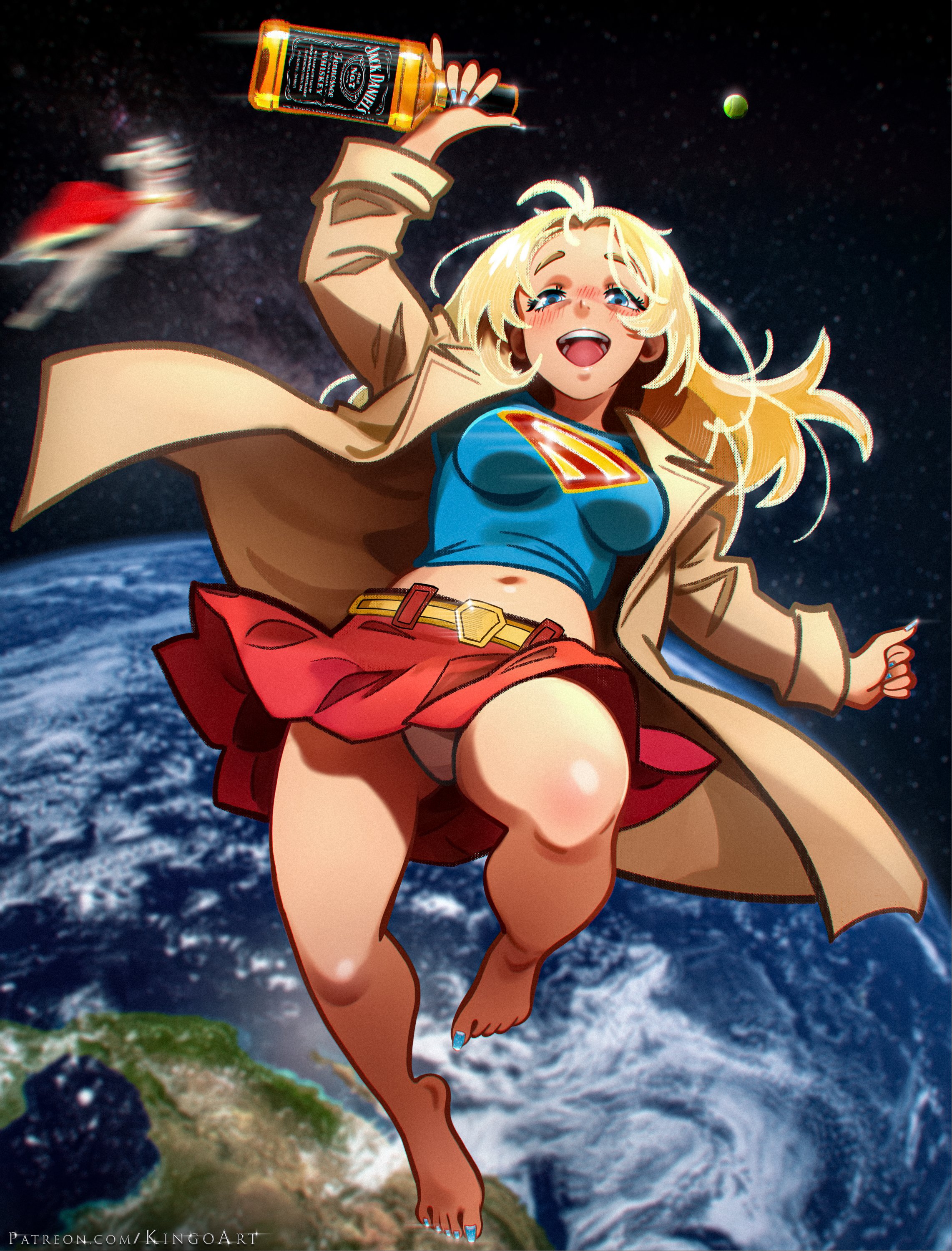 stepkingo art, krypto the superdog, supergirl, dc comics, jack daniel's, superman (2025), superman (series), absurdres, commentary, highres, 1girl, alcohol, animal, artist name, blonde hair, blue eyes, blue shirt, blush, bottle, breasts, brown coat, coat, dog, drunk, earth (planet), full body, holding, holding bottle, long hair, looking at viewer, medium breasts, navel, open mouth, panties, planet, red skirt, shirt, skirt, smile, space, superhero costume, superman logo, underwear, whiskey