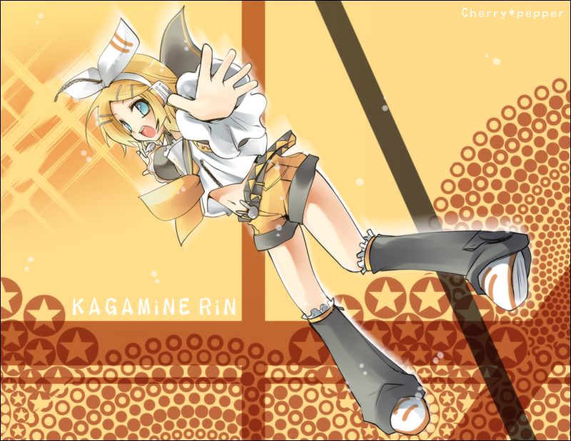 yukian, kagamine rin, kagamine rin (if), vocaloid, 1girl, :d, adapted costume, animal print, arm warmers, belt, blonde hair, blouse, blue eyes, bow, buckle, female focus, frills, full body, hair bow, hair ornament, hairclip, headphones, leg warmers, microphone, navel, open mouth, outstretched arms, rabbit print, ribbon, sailor collar, shirt, short hair, shorts, sleeveless, smile, solo, spread arms, spread fingers, star (symbol), stomach, swept bangs, white bow, white shirt, yellow ribbon, yellow shorts, yellow theme, zipper