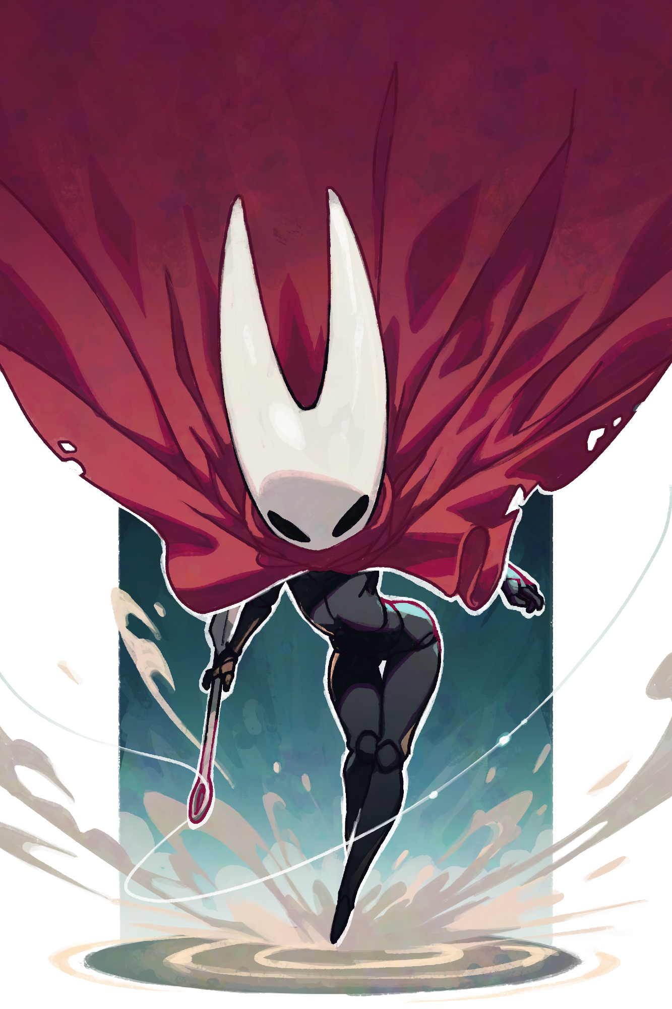 hornet (hollow knight), hollow knight, hollow knight: silksong, commentary, english commentary, highres, 1girl, arthropod girl, cloak, dust, dust cloud, dynamic pose, flat chest, holding, holding weapon, joints, mask, needle (hollow knight), polygoncherub, red cloak, solo, string, weapon, wide hips